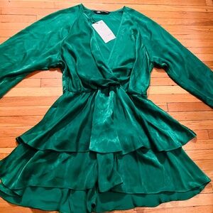 NWT Zara Emerald Green Satin Tiered Mini Dress / Romper